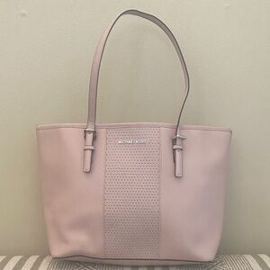 MK Michael Kors Jet Set Micro-Stud Stripe Saffiano Bag blush pink. Travel tote